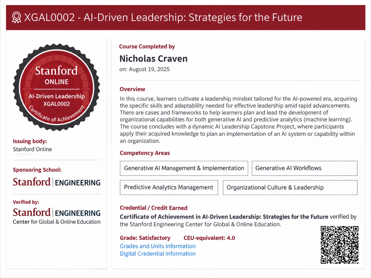 Stanford Online, AI-Driven Leadership, August 2025