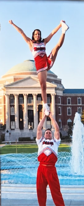 SMU cheer, in front of Dallas Hall