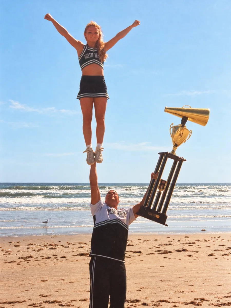 UNT, 2002: one hand for the stunt, one for the national championship trophy